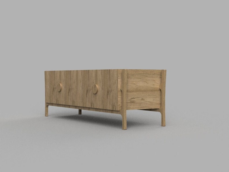 Op de afbeelding: Een lange, houten kast met drie deuren en een natuurlijke houtkleur. De kast heeft een eenvoudig, modern ontwerp met afgeronde hoeken en een licht gebogen basis.