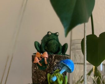OOAK Clay Sculpture: Grumpy Frog on a stump