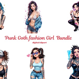 May include: Digital clipart bundle featuring six stylized illustrations of punk goth girls. Each girl has tattoos and is wearing different outfits, including leather jackets, denim shorts, and crop tops. The text "Punk Goth fashion Girl Bundle digital clipart" is in the center.