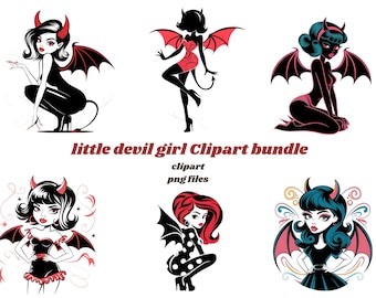 Oltre 35 Little Devil Girl PNG Bundle, simpatica mascotte retrò del demone, clipart di streetwear Y2K audace, divertente sublimazione di Halloween, uso commerciale