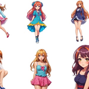May include: Six illustrations of anime-style women with different hairstyles and outfits. The women are wearing a variety of clothing, including a blue dress, a pink skirt, a blue jacket, and a black tank top.