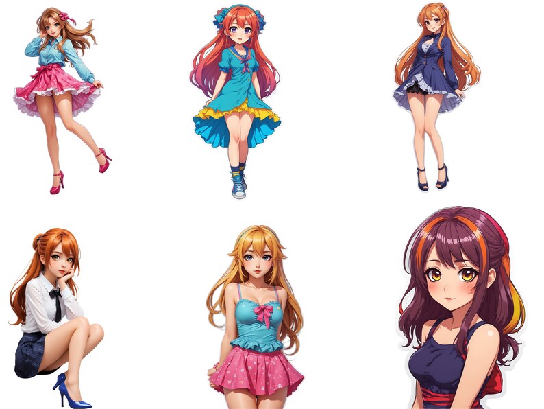 May include: Six illustrations of anime-style women with different hairstyles and outfits. The women are wearing a variety of clothing, including a blue dress, a pink skirt, a blue jacket, and a black tank top.