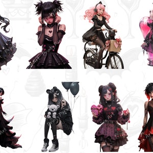 Oltre 30 pacchetti di PNG di ragazze anime gotiche di San Valentino, clipart di Waifu di romanticismo oscuro, arte anti-San Valentino audace, sublimazione di cuori infranti, uso commerciale immagine 4
