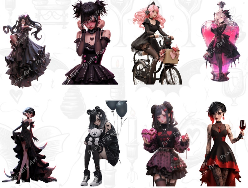 Oltre 30 pacchetti di PNG di ragazze anime gotiche di San Valentino, clipart di Waifu di romanticismo oscuro, arte anti-San Valentino audace, sublimazione di cuori infranti, uso commerciale immagine 4