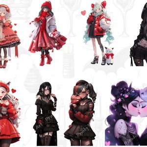 Oltre 30 pacchetti di PNG di ragazze anime gotiche di San Valentino, clipart di Waifu di romanticismo oscuro, arte anti-San Valentino audace, sublimazione di cuori infranti, uso commerciale immagine 3
