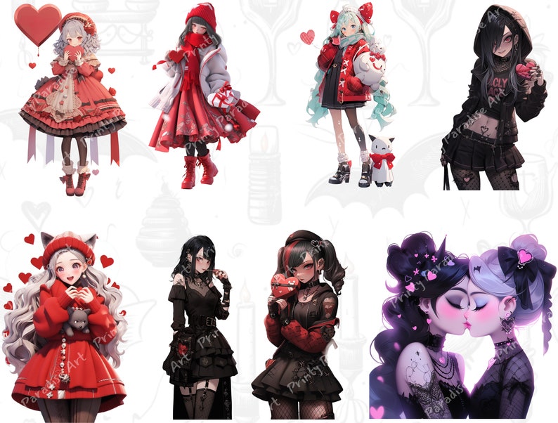 Oltre 30 pacchetti di PNG di ragazze anime gotiche di San Valentino, clipart di Waifu di romanticismo oscuro, arte anti-San Valentino audace, sublimazione di cuori infranti, uso commerciale immagine 3