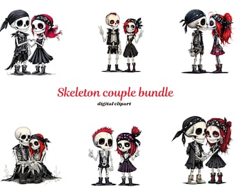 May include: A digital clipart bundle of six skeleton couples in various poses. The skeletons are dressed in black clothing with red accents and have white bones. The couples are in a variety of poses, including holding hands, kissing, and dancing. The background is white.
