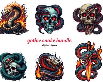 Oltre 45 pacchetti PNG di serpenti gotici, teschio di serpente fantasy oscuro, arte di rettili con tatuaggi flash, sublimazione streetwear audace, uso commerciale