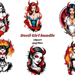 May include: A digital illustration bundle of five devil girl characters. Each character has red horns, red and black clothing, and a fiery background. The text "Devil Girl bundle" and "clipart png files" is included in the image.