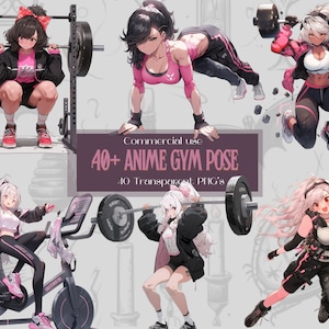 Anime Girl Gym Pose Clipart Bundle - Sitting Pose - 40+ Transparent Background PNGs For Commercial Use - Digital Download
