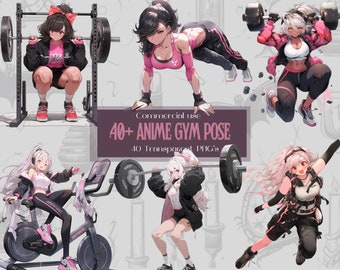 Anime Girl Gym Pose Clipart Bundle - Sitting Pose - 40+ Transparent Background PNGs For Commercial Use - Digital Download