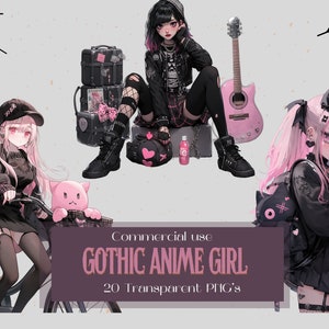 Gothic Anime Girl Clipart Bundle - Sitting Pose - 20 Transparent Background PNGs For Commercial Use - Digital Download