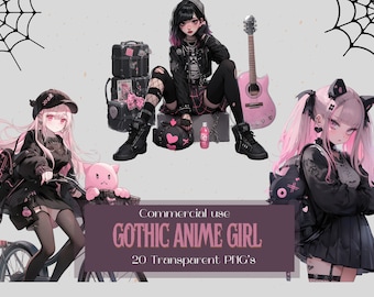 Gothic Anime Girl Clipart Bundle - Sitting Pose - 20 Transparent Background PNGs For Commercial Use - Digital Download