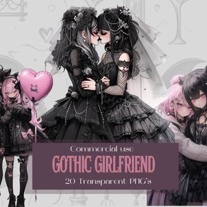 Gothic Anime Girlfriend Clipart Bundle -Different Pose - 20 Transparent Background PNGs  | Gothic lesbian girls | For Commercial Use