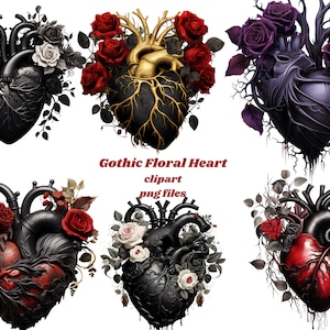 Pu&ograve; includere: Sei illustrazioni digitali di cuori floreali gotici. Ogni cuore &egrave; nero con rose rosse, bianche o viola e viti. Il testo "Gothic Floral Heart clipart png files" &egrave; in fondo all'immagine.
