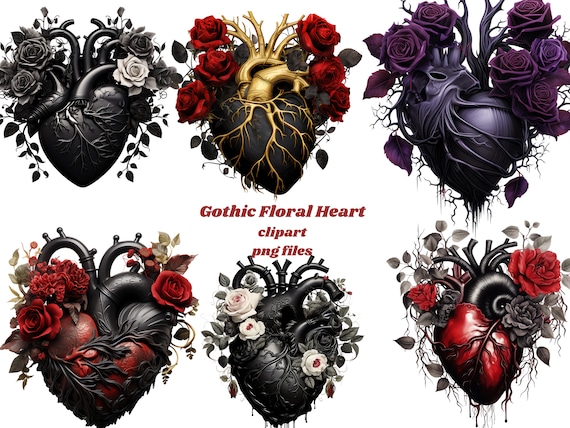 35+ Gothic Anatomical Heart PNG Bundle, Floral Human Heart Clipart, Dark Academia Medical Art, Nurse Life Tattoo Sublimation, Commercial Use