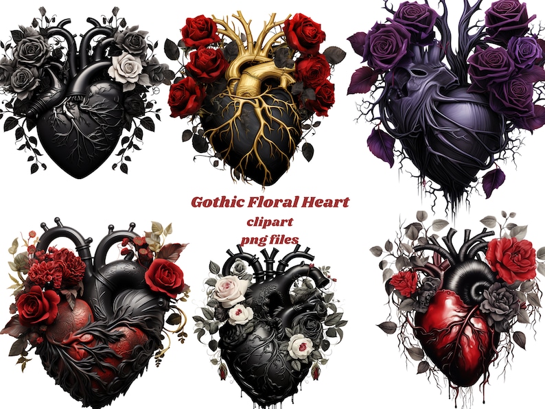 Pu&ograve; includere: Sei illustrazioni digitali di cuori floreali gotici. Ogni cuore &egrave; nero con rose rosse, bianche o viola e viti. Il testo "Gothic Floral Heart clipart png files" &egrave; in fondo all'immagine.