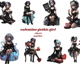 Valentine Gothic Anime Girl Clipart Bundle-Gothic Clipart|Vampire Aesthetic|Valentine Goth Png|Gothic Valentine|Valentine Png|Valentines Png