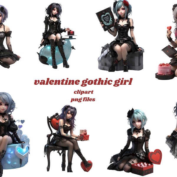 Valentine Gothic Anime Girl Clipart Bundle-Gothic Clipart|Vampire Aesthetic|Valentine Goth Png|Gothic Valentine|Valentine Png|Valentines Png