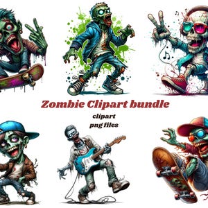 Puede incluir: Un paquete de arte digital con seis zombis de dibujos animados en varias poses. Un zombi anda en patineta, otro toca la guitarra y otros hacen gestos con las manos. Se muestra el texto "Zombie Clipart bundle".