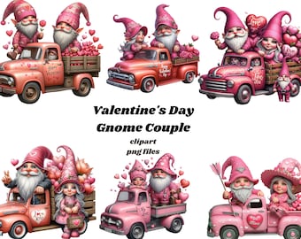 Paquete de imágenes prediseñadas de pareja de Valentines Gnome, imágenes prediseñadas de San Valentín, gráficos png de San Valentín, sublimación de Gnome, Camión Gnome del Día de San Valentín,