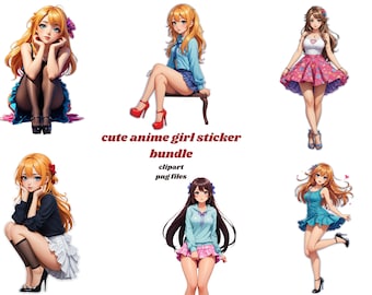 Pacchetto di oltre 60 graziose ragazze anime PNG, clipart di adesivi kawaii, dolce personaggio manga, estetica pastello per planner, uso commerciale