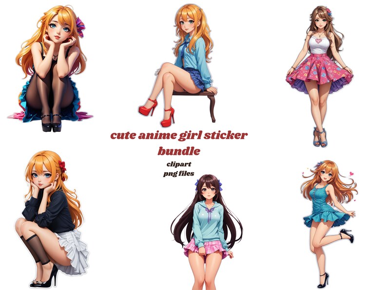 May include: A set of five digital stickers featuring cute anime girls in various poses and outfits. The stickers are perfect for adding a touch of whimsy to your digital projects.