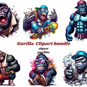 Peut inclure: Un lot de clipart numérique composé de six illustrations différentes de gorilles portant divers vêtements et accessoires. Les gorilles sont représentés dans un style cartoon avec des couleurs vives et des contours gras. Le lot comprend un gorille portant une casquette de baseball et des lunettes de soleil, un gorille portant un t-shirt de sport et un short, un gorille portant une chemise bleue et un jean, un gorille portant une chemise rouge et un short, un gorille portant une chemise bleue et un jean, et un gorille portant une chemise bleue et un jean.