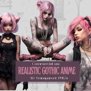 Realstic Gothic Anime Girl Clipart Bundle - 30 Transparent Background PNGs For Commercial Use - Digital Download