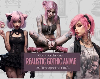 Realstic Gothic Anime Girl Clipart Bundle - 30 Transparent Background PNGs For Commercial Use - Digital Download