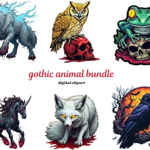 May include: Digital clipart bundle featuring a wolf with blue flames, an owl on a skull, a frog on a skull, a black unicorn, a white fox, and a raven. The text "gothic animal bundle" and "digital clipart" are also included.