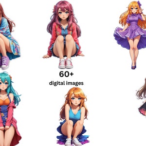 May include: A collection of six digital illustrations of anime-style women in various poses and outfits. The women are wearing colorful clothing, including a pink and blue dress, a purple dress, a red and blue jacket, a blue and orange dress, and a black dress. The illustrations are set against a white background. 60+ digital images.