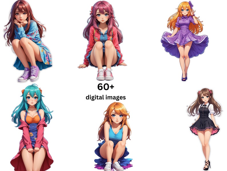 May include: A collection of six digital illustrations of anime-style women in various poses and outfits. The women are wearing colorful clothing, including a pink and blue dress, a purple dress, a red and blue jacket, a blue and orange dress, and a black dress. The illustrations are set against a white background. 60+ digital images.