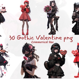 Oltre 30 pacchetti di PNG di ragazze anime gotiche di San Valentino, clipart di Waifu di romanticismo oscuro, arte anti-San Valentino audace, sublimazione di cuori infranti, uso commerciale immagine 1