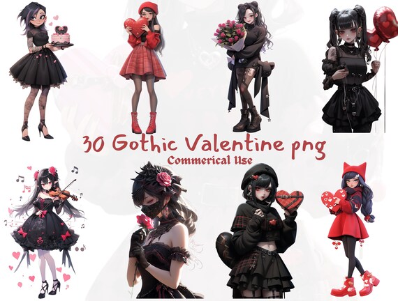 30+ Gothic Valentine Anime Girl PNG Bundle, Dark Romance Waifu Clipart, Edgy Anti-Valentine Art, Heartbreak Sublimation, Commercial Use