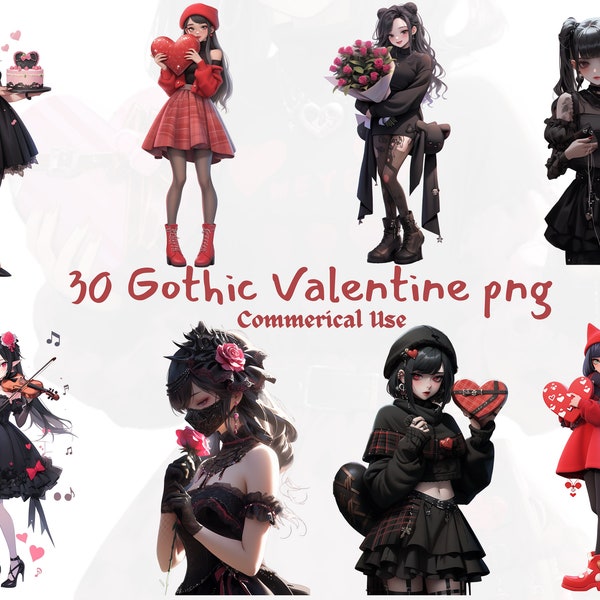 Gothic Valentine Anime Girl Clipart Bundle-Gothic Clipart|Vampire Aesthetic|Valentine Goth Png|Gothic Valentine|Valentine Png|Valentines Png