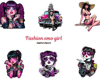 75+ Fashion Emo Girl PNG Bundle, Cute Scene Kid Aesthetic, Y2K Alt Character Clipart, Edgy Rocker Sublimation, Commercial Use