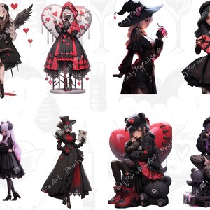 Oltre 30 pacchetti di PNG di ragazze anime gotiche di San Valentino, clipart di Waifu di romanticismo oscuro, arte anti-San Valentino audace, sublimazione di cuori infranti, uso commerciale immagine 2