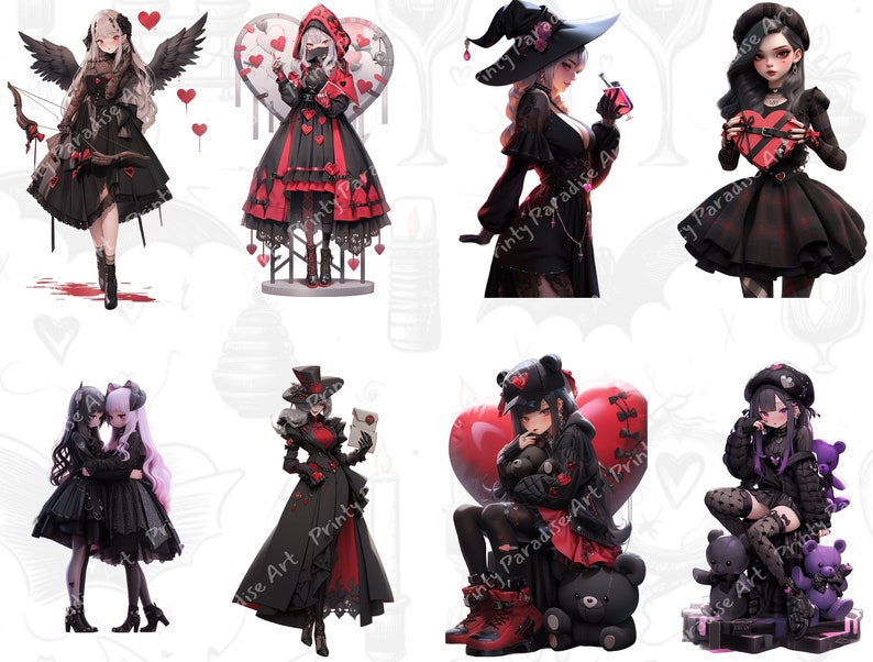 Oltre 30 pacchetti di PNG di ragazze anime gotiche di San Valentino, clipart di Waifu di romanticismo oscuro, arte anti-San Valentino audace, sublimazione di cuori infranti, uso commerciale immagine 2