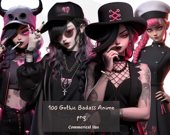 Gothic Anime Badass Girl Clipart Bundle  - 100 Goth Characters - Transparent Background PNGs For Commercial Use - Digital Download