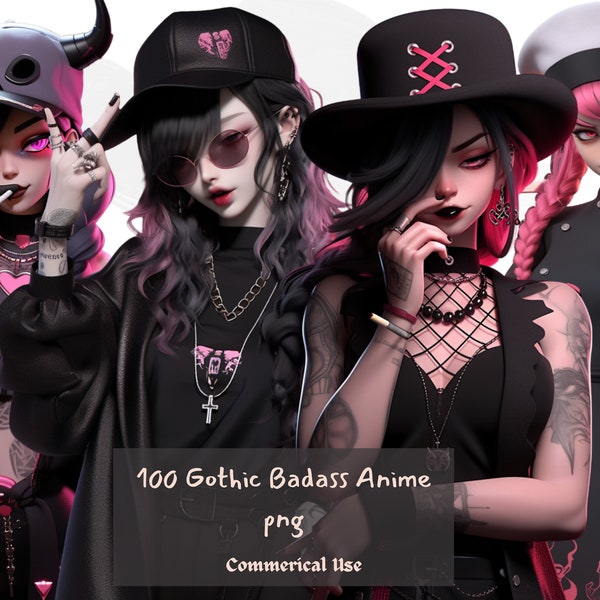 Gothic Anime Badass Girl Clipart Bundle  - 100 Goth Characters - Transparent Background PNGs For Commercial Use - Digital Download