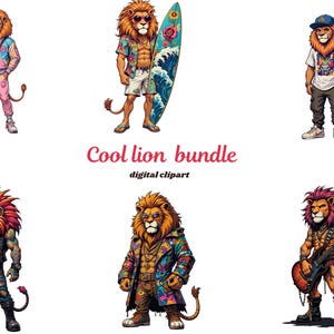 Cool Lion  Clipart Bundle | Punk lion PNG  | 35+  frog png files| Digital Download | Printable Pig Art for Crafts and Merc|
