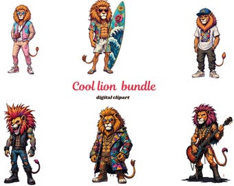 Cool Lion  Clipart Bundle | Punk lion PNG  | 35+  frog png files| Digital Download | Printable Pig Art for Crafts and Merc|