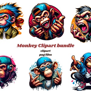 Puede incluir: Un conjunto de cinco imágenes de clipart digital que presentan monos de dibujos animados en varias poses y atuendos. Los monos llevan sombreros, gafas de sol y joyas. Las imágenes están en un estilo de dibujos animados colorido.