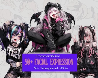 Pacchetto di oltre 50 volti di ragazze anime gotiche, clipart di ritratti dark fantasy, simpatici ritratti emo in formato PNG, avatar gotici kawaii, uso commerciale