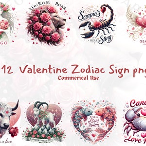 Pakiet clipartów Valentine Zodiac - 12 plików do użytku komercyjnego|Zodiac Png|Znak Zodiaku png|Valentine Png|Valentine Zodiac, klip znaku zodiaku