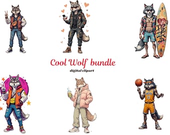 Cool wolf Clipart Bundle | sassy Wolf PNG  | 25+  frog png files| Digital Download | Printable Pig Art for Crafts and Merc| Wolf art