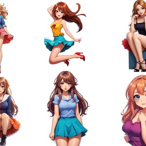 May include: Six illustrations of anime-style women with different hairstyles and outfits. The women are wearing a variety of clothing, including a denim jacket, a yellow tank top, a blue shirt, a black top, and a purple top.
