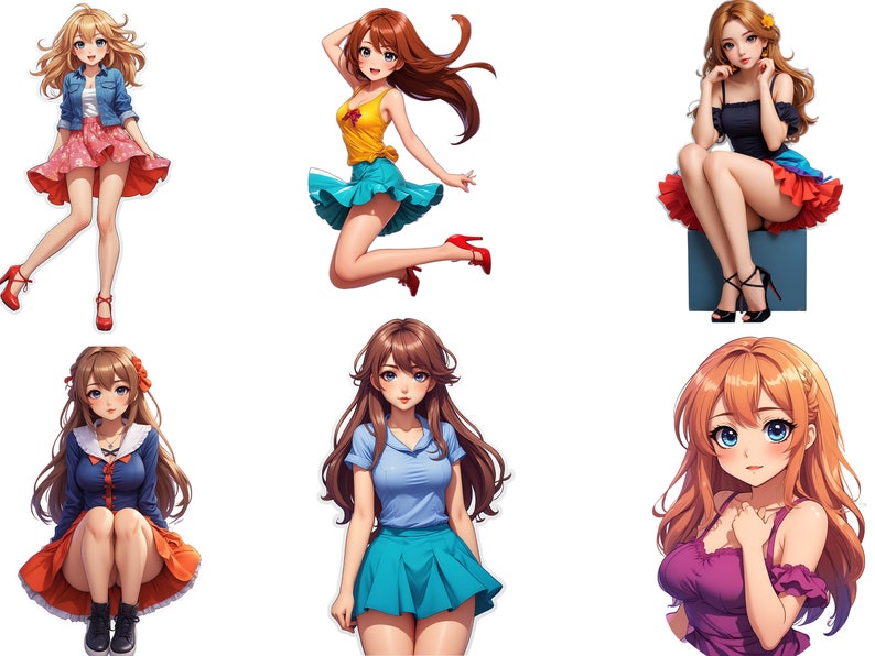 May include: Six illustrations of anime-style women with different hairstyles and outfits. The women are wearing a variety of clothing, including a denim jacket, a yellow tank top, a blue shirt, a black top, and a purple top.