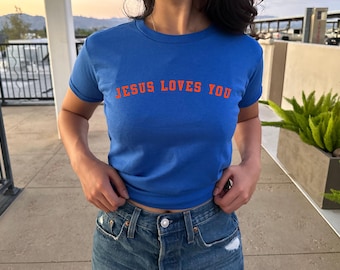 Jesus Loves You Cropped Baby Tee, Blue Gildan Youth Cotton Shirt